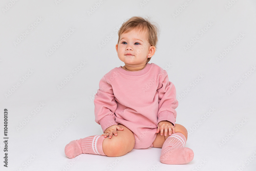 Cute baby girl in a pink princess bodysuit and socks sitting on a white background and looking at empty copy space. Closeup. Childhood and fashion. Birthday party concept. High quality photo Cute baby girl in a pink princess bodysuit and socks sitting on a white background and looking at empty copy space. Closeup. Childhood and fashion. Birthday party concept. High quality photo