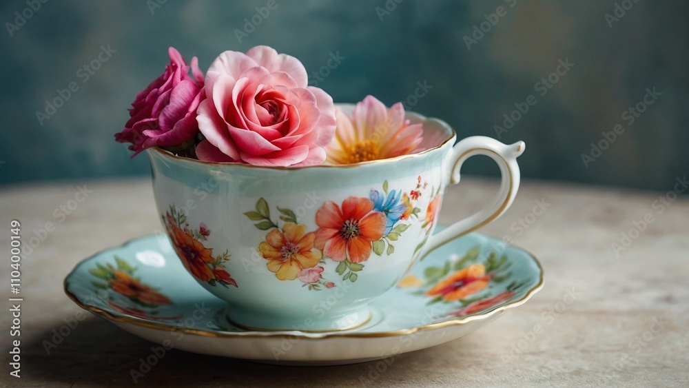 A delicate porcelain teacup adorned with vibrant flowers, rendered in a whimsical watercolor style. A delicate porcelain teacup adorned with vibrant flowers, rendered in a whimsical watercolor style.