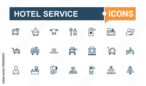 Hotel Service icon set. Contains related to taxi, room, hospitality, pool, rent, elevator and more. Minimal linear icons. Editable vector icon and illustration.