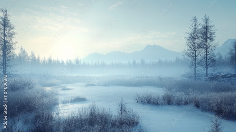 Peaceful countryside landscape at winter season, with soft blue light, cold and desolated Peaceful countryside landscape at winter season, with soft blue light, cold and desolated