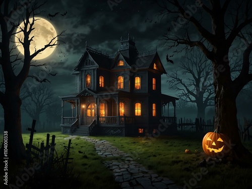 3D render of a spooky haunted house on Halloween night. photo