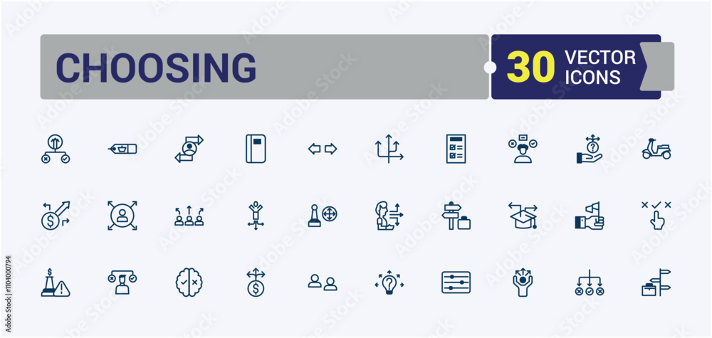 Choosing icon pack. Includes thin line voting, choice, count, concept, buttons, check, correct, choose. Simple web icons. Editable vector icon and illustration.