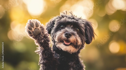Photograph of dog playfully holding up a paw, symbolizing healthy feet.