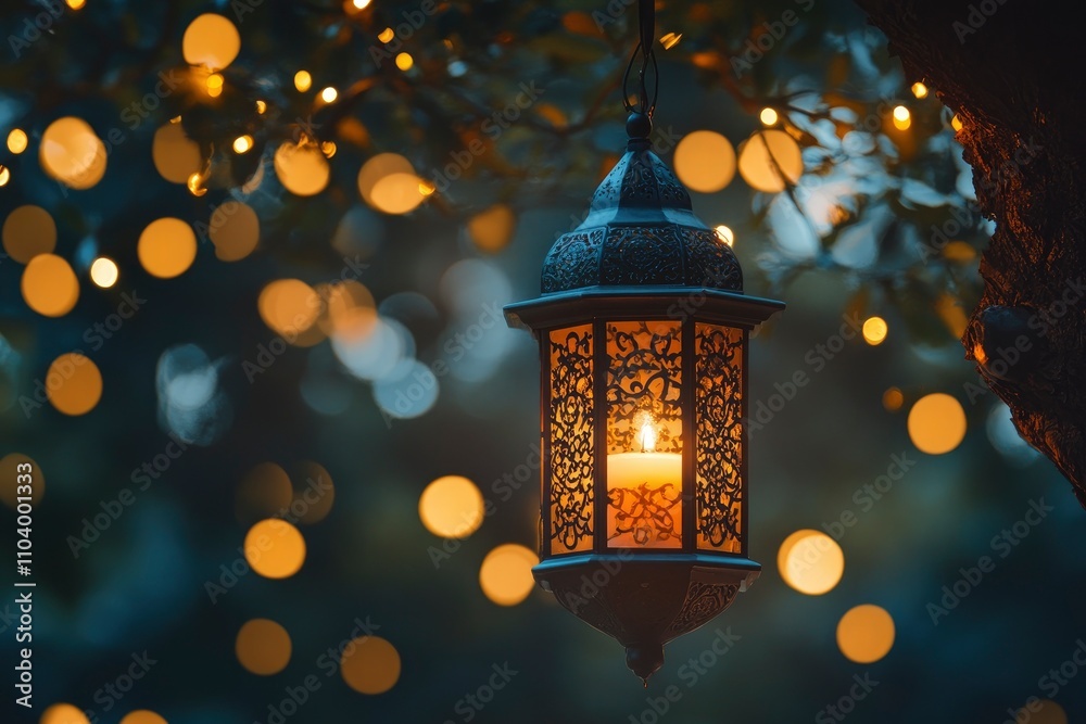 Ornamental Arabic lantern with burning candle glowing at night. Festive greeting card, invitation for Muslim holy month Ramadan Kareem. Ornamental Arabic lantern with burning candle glowing at night. Festive greeting card, invitation for Muslim holy month Ramadan Kareem.