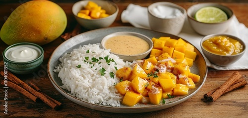 Savory Mango Rice Delight on Rustic Plate, Festive Culinary Composition with Creamy Sauces and Cinnamon Accents, Food Photography for Menus and Recipes