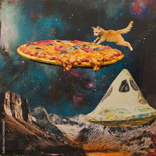 Pizza cat flying a pizza ufo as abstract collage art