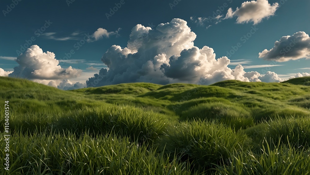 Obraz premium 3D rendering of a grassy patch with clouds in the background.