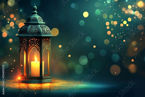 Ornamental Arabic lantern with burning candle glowing at night. Festive greeting card, invitation for Muslim holy month Ramadan Kareem.