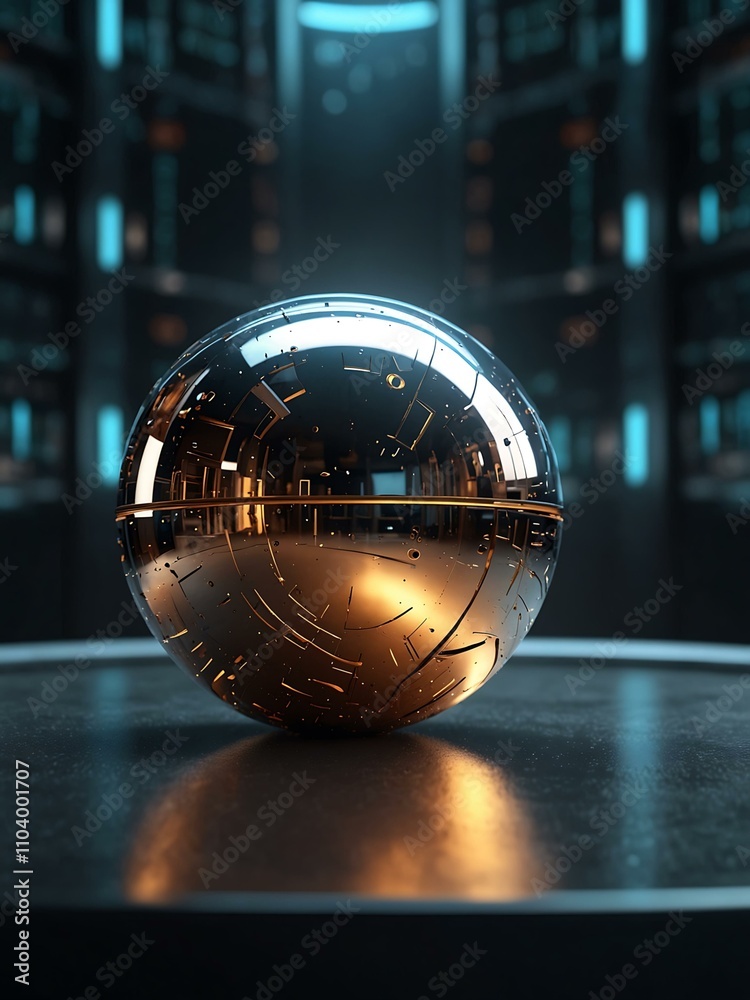 3D rendering of a metallic sphere with a sci-fi backdrop. 3D rendering of a metallic sphere with a sci-fi backdrop.