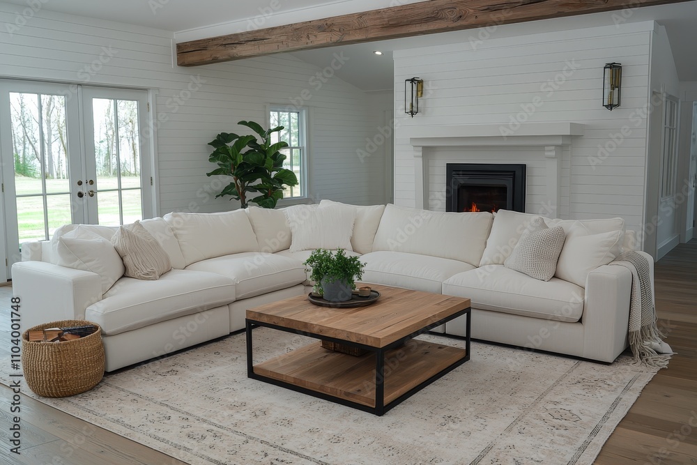 Serene Farmhouse Living Room Interior with Off-White Sectional Sofa, Shiplap Walls, and Natural Light - Home Design Inspiration Serene Farmhouse Living Room Interior with Off-White Sectional Sofa, Shiplap Walls, and Natural Light - Home Design Inspiration