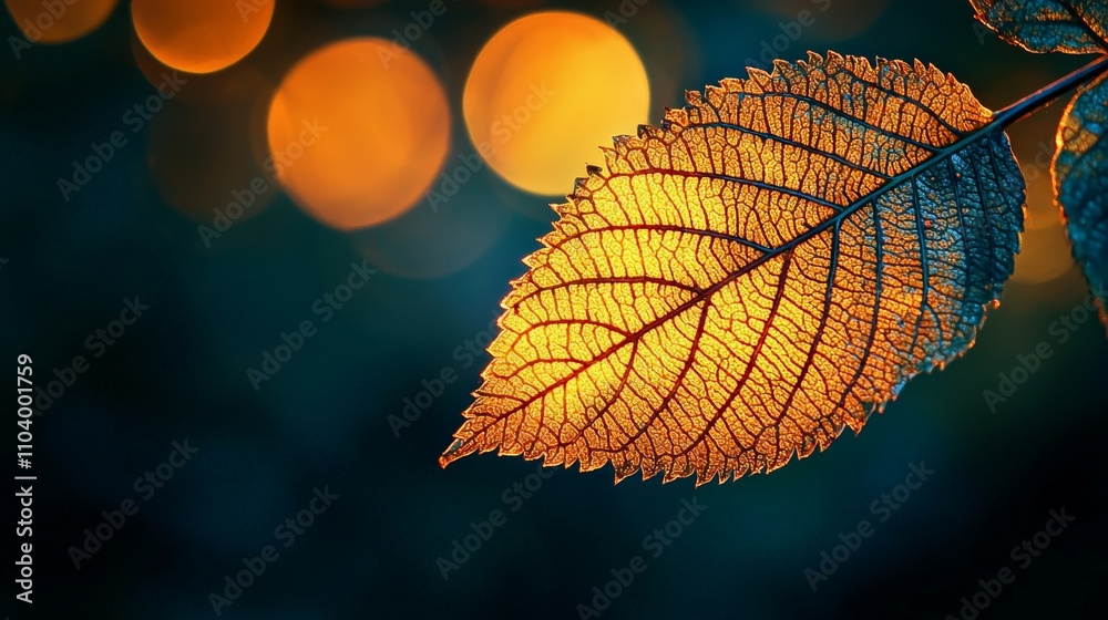 A close-up of a leaf illuminated against a blurred background of warm colors. A close-up of a leaf illuminated against a blurred background of warm colors.
