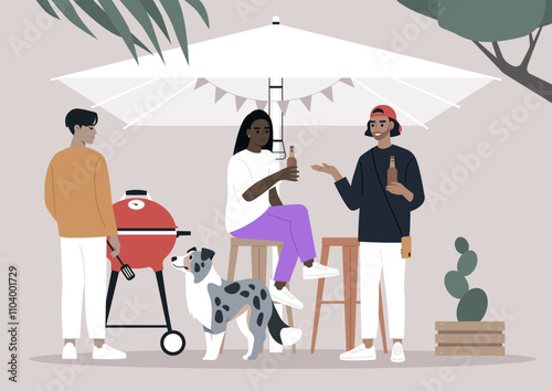 A group of friends enjoys a lively BBQ party, grilling tasty food and drinking beers while seated under an umbrella, Laughter fills the air as they share drinks and good times alongside a playful dog.