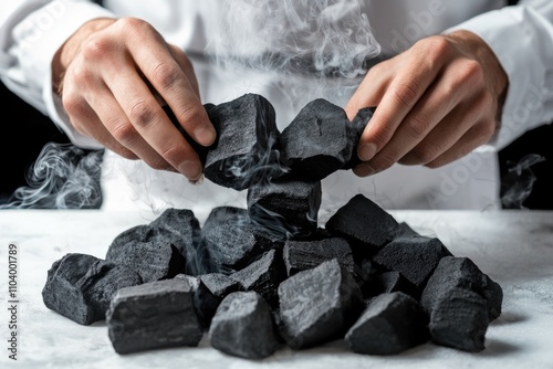 Person preparing charcoal pile outdoors photo