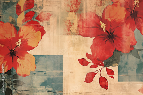 An abstract vector of tropical hibiscus grunge-inspired flower seamless pattern fabric, wallpaper