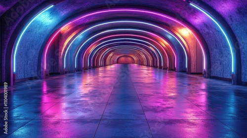 Retro Synth Laser Neon Tunnel Modern Sci Fi Futuristic Thunder Bolts Purple Red Blue Glowing Lights Metallic Reflective Concrete Floor Dark Warehouse Garage Underground Cyber Background 3D Rendering