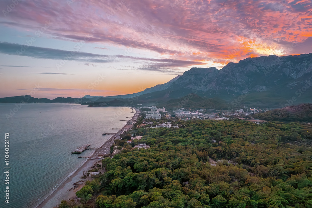 Kemer city beach aerial panoramic view. Kemer is a seaside resort town in Antalya Province in Turkey.