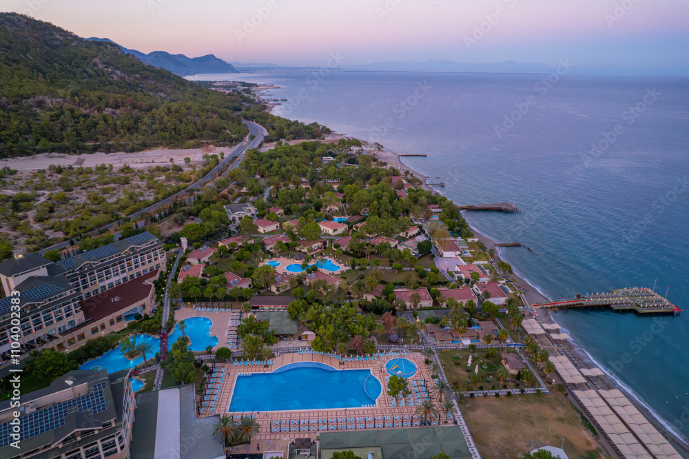 Kemer city beach aerial panoramic view. Kemer is a seaside resort town in Antalya Province in Turkey.