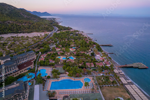 Obraz na płótnie Kemer city beach aerial panoramic view. Kemer is a seaside resort town in Antalya Province in Turkey. w salonie