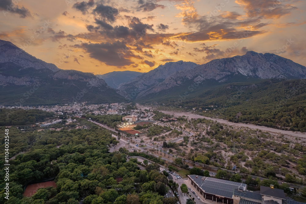 Kemer city beach aerial panoramic view. Kemer is a seaside resort town in Antalya Province in Turkey.