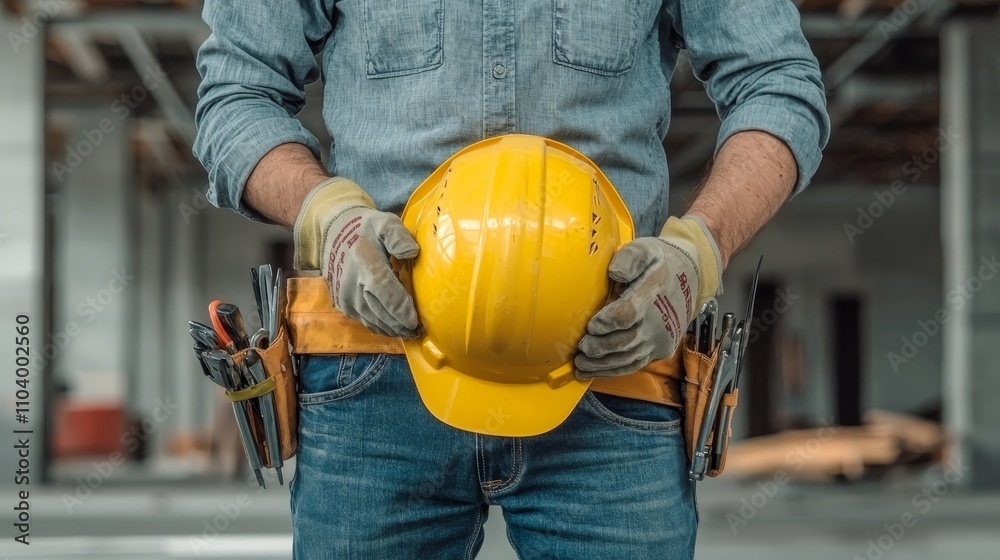 Serious Construction Worker with Yellow Hard Hat in Industrial Setting - Safety Concept for Construction Industry Serious Construction Worker with Yellow Hard Hat in Industrial Setting - Safety Concept for Construction Industry
