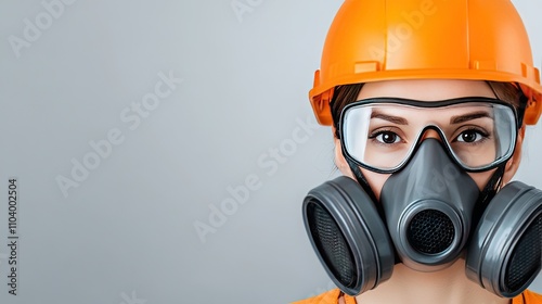 Strong and focused woman wearing a gray gas mask and orange helmet shows commitment to safety in hazardous environments photo