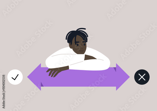 A person reflects deeply while contemplating decisions, surrounded by contrasting yes and no symbols, This thoughtful moment showcases the essence of choice and contemplation.