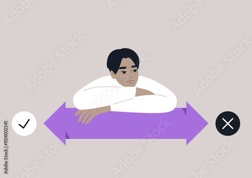A person reflects deeply while contemplating decisions, surrounded by contrasting yes and no symbols, This thoughtful moment showcases the essence of choice and contemplation.