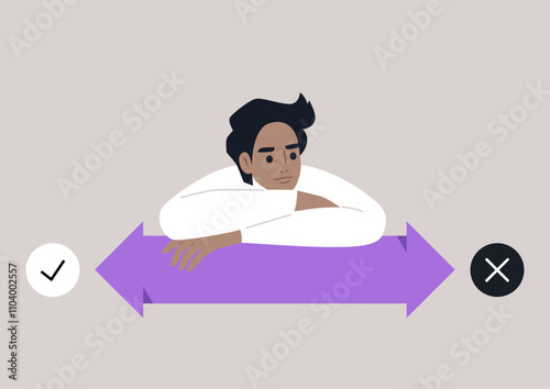 A person reflects deeply while contemplating decisions, surrounded by contrasting yes and no symbols, This thoughtful moment showcases the essence of choice and contemplation.