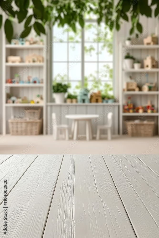 Fototapeta premium Soothing Wood Grain Tabletop in Child's Playroom - Soft Focus, Serene Atmosphere