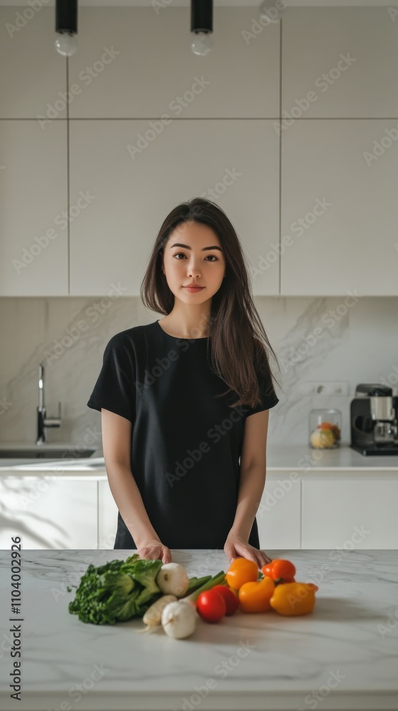 Minimalist Portrait of Woman in Modern Kitchen with Fresh Vegetables
Minimalist Portrait of Woman in Modern Kitchen with Fresh Vegetables