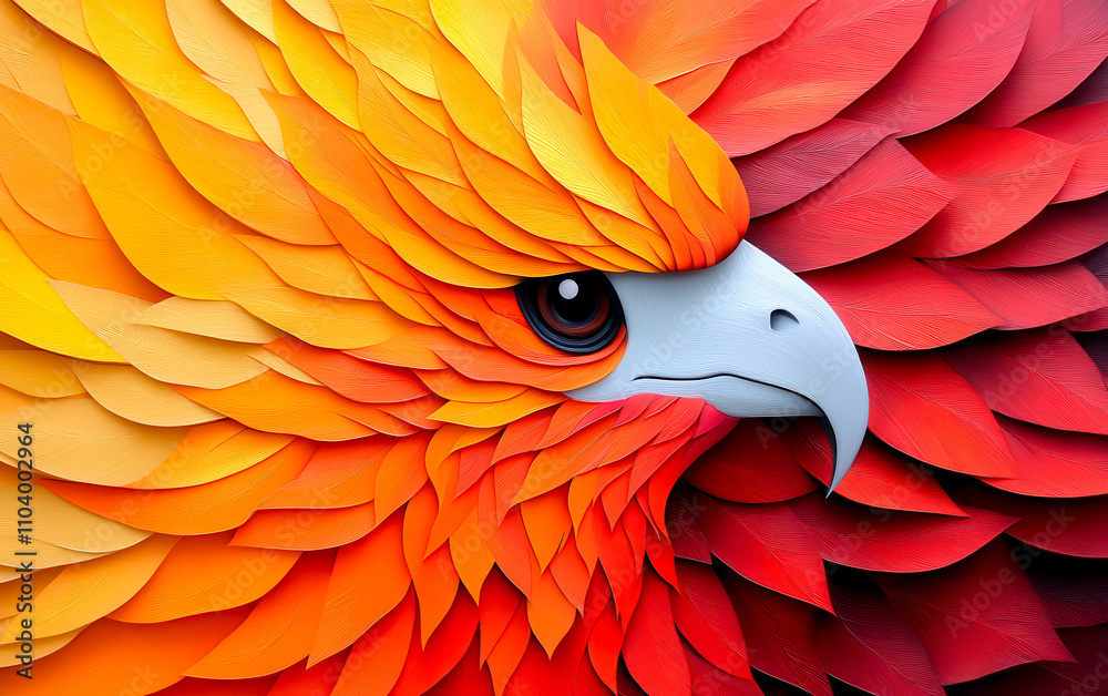 Fototapeta premium A vibrant close-up of a stylized bird, featuring layers of orange and yellow paper, showcasing intricate details and a striking gaze.