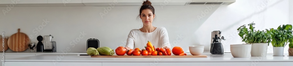 Minimalist Portrait of Woman in Modern Kitchen with Fresh Vegetables
Minimalist Portrait of Woman in Modern Kitchen with Fresh Vegetables