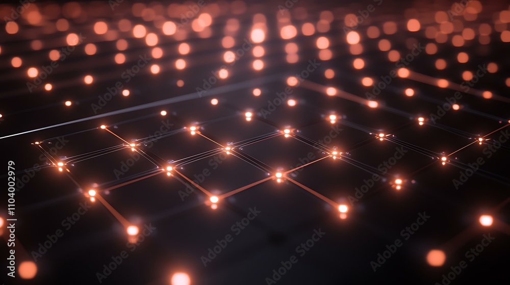Obraz premium Abstract digital communication with data lines and glowing points on a 3D blockchain grid