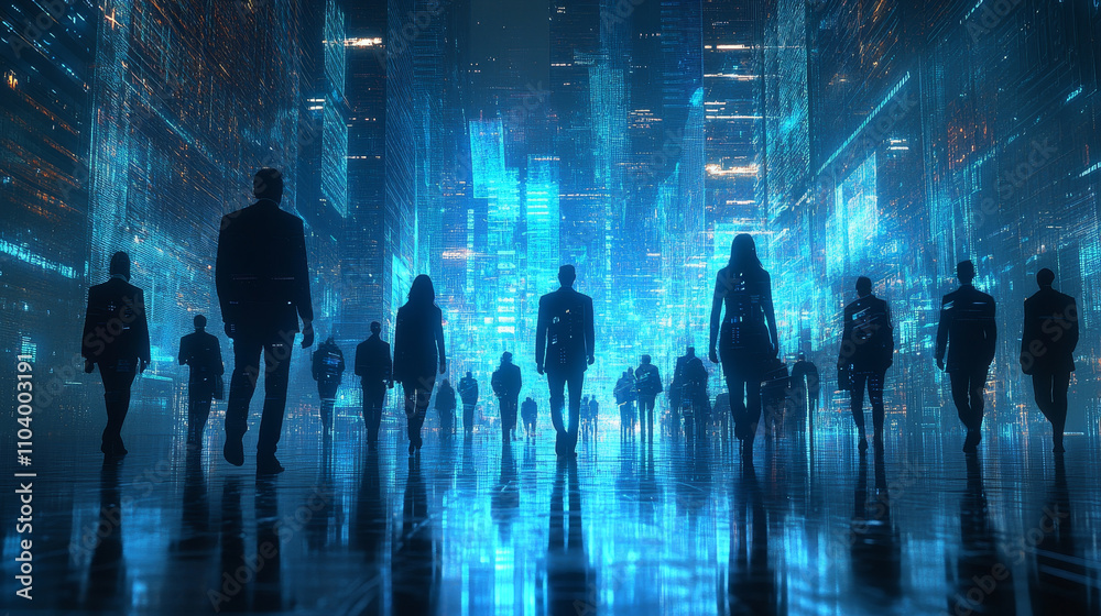 Futuristic business team walking through glowing digital cityscape, showcasing innovation and collaboration in high tech environment