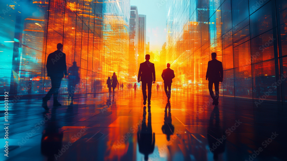Futuristic business team walking through glowing cityscape, showcasing silhouettes against vibrant urban lights. scene evokes sense of innovation and collaboration Futuristic business team walking through glowing cityscape, showcasing silhouettes against vibrant urban lights. scene evokes sense of innovation and collaboration