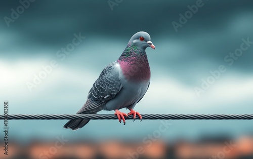 A close-up of a colorful pigeon perched on a wire against a moody sky. photo