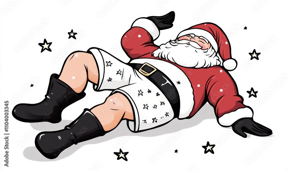 Simple line drawing of santa claus laying on his back, wearing black boots and white shorts with stars, cartoon style, simple lines, thick marker outline