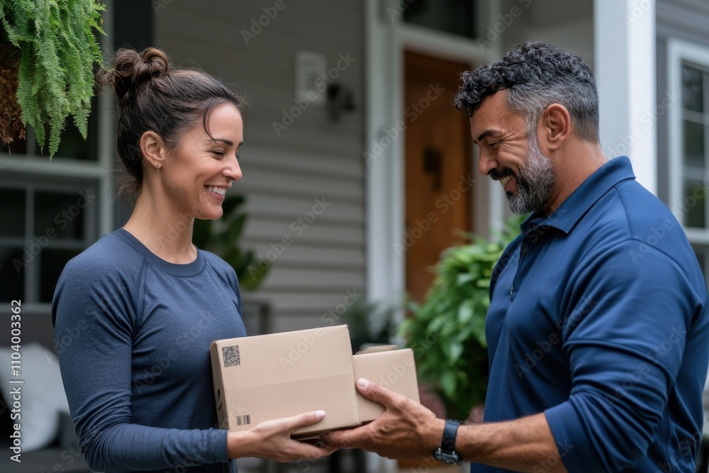 A smiling woman receives a package from a man on her doorstep, highlighting the friendly interaction in the sharing of goods and the comfort of home settings. A smiling woman receives a package from a man on her doorstep, highlighting the friendly interaction in the sharing of goods and the comfort of home settings.