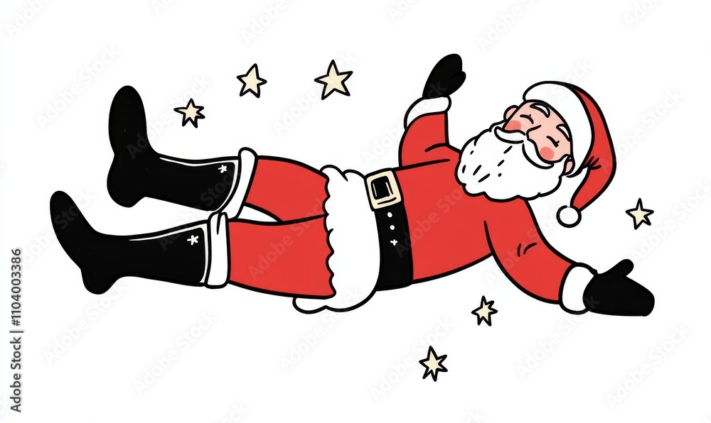 Simple line drawing of santa claus laying on his back, wearing black boots and white shorts with stars, cartoon style, simple lines, thick marker outline