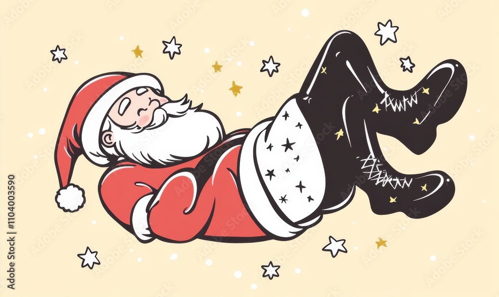 Simple line drawing of santa claus laying on his back, wearing black boots and white shorts with stars, cartoon style, simple lines, thick marker outline