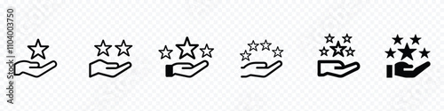 hand holding star. Hand like sign and five stars rating. Positive feedback. 5 stars positive review. Rate icons set. Feedback icon collection. Concept of best ranking. Customer review.