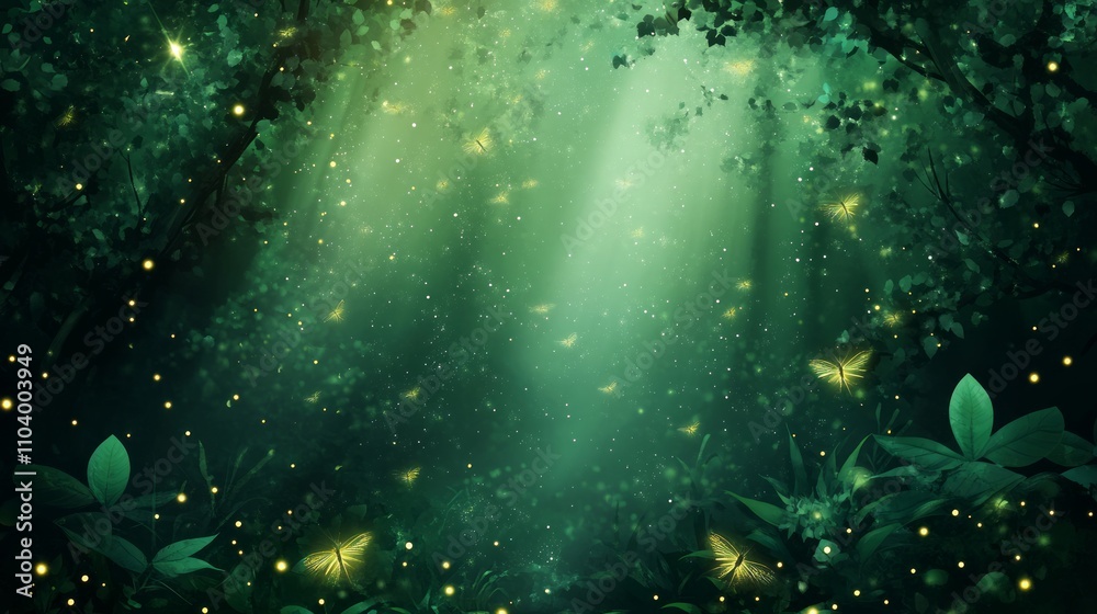 Enchanted Green Forest with Glowing Butterflies and Fireflies Enchanted Green Forest with Glowing Butterflies and Fireflies