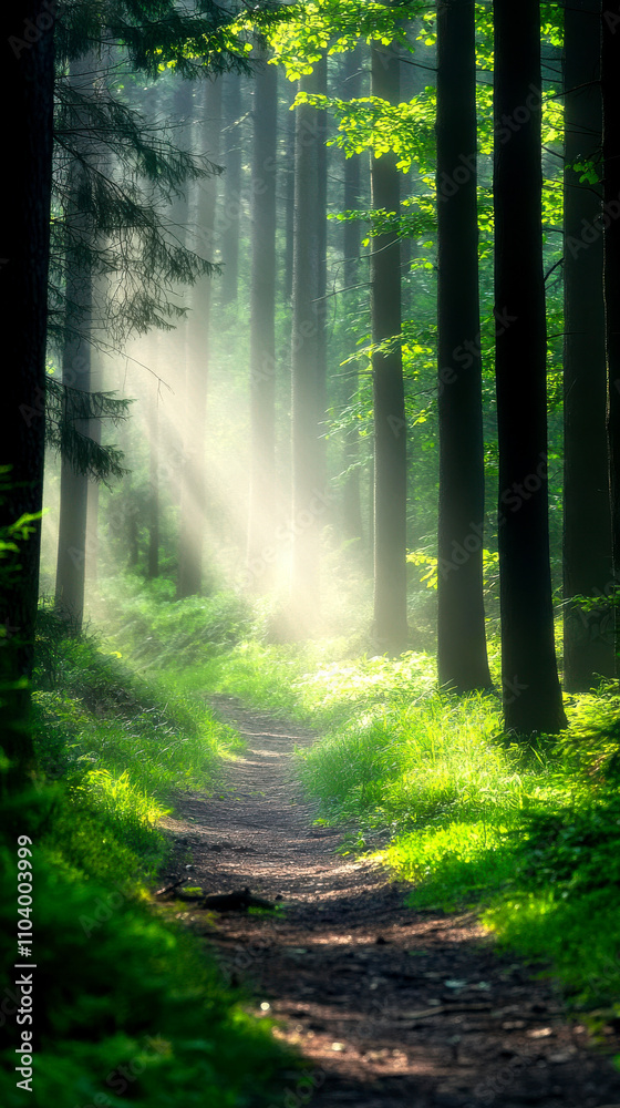 Obraz premium A serene forest path illuminated by soft rays of sunlight filtering through tall trees, creating a peaceful and enchanting atmosphere.