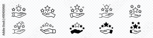 hand holding star. Hand like sign and five stars rating. Positive feedback. 5 stars positive review. Rate icons set. Feedback icon collection. Concept of best ranking. Customer review.