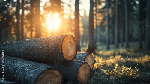 Sunset light illuminating cut logs in a serene forest setting, showcasing detailed tree rings and bark textures