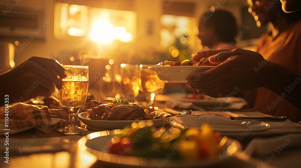 Naklejka premium Warm Family Dinner: Sharing Love and Laughter at the Dining Table