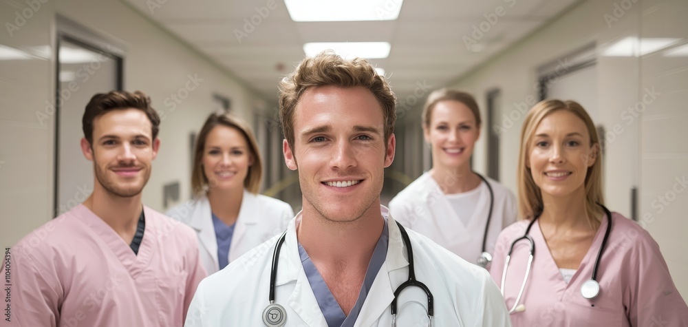Symmetrical Portrait of Diverse Medical Team in Hospital Hallway - Professional Caucasian Male Doctor in Focus, Calm and Competent Atmosphere Symmetrical Portrait of Diverse Medical Team in Hospital Hallway - Professional Caucasian Male Doctor in Focus, Calm and Competent Atmosphere