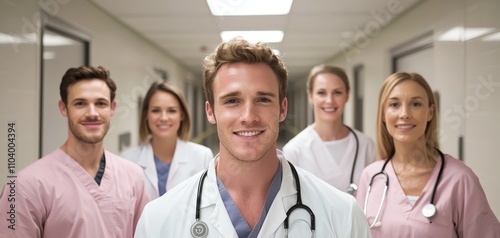 Symmetrical Portrait of Diverse Medical Team in Hospital Hallway - Professional Caucasian Male Doctor in Focus, Calm and Competent Atmosphere