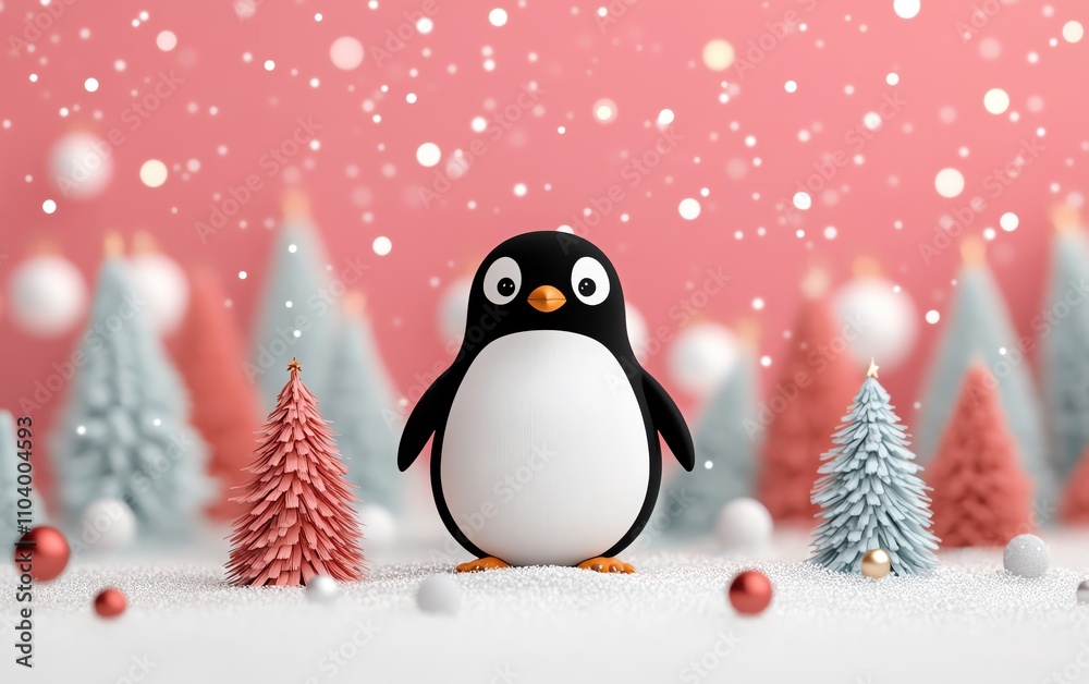 A cute penguin surrounded by colorful Christmas trees in a snowy scene. A cute penguin surrounded by colorful Christmas trees in a snowy scene.