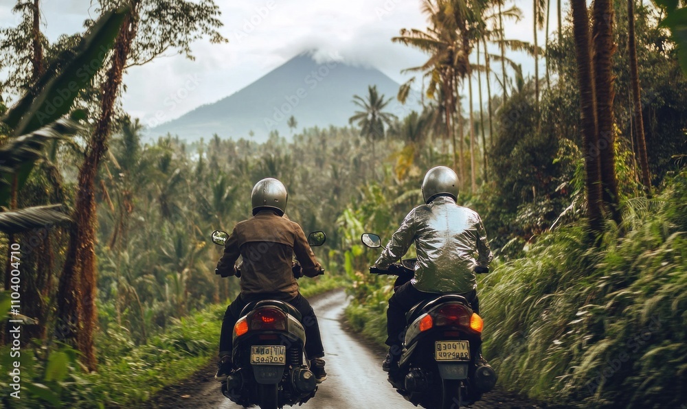 Motorcyclists on Scenic Jungle Road with Mountain View Motorcyclists on Scenic Jungle Road with Mountain View